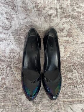 Gucci Black Patent Pointed-Toe Platform Pumps with Iridescent Toe Accent